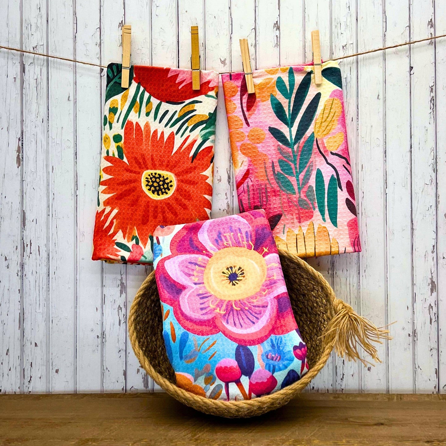 Summer Flower Bloom Kitchen Waffle Towels - Home Decor