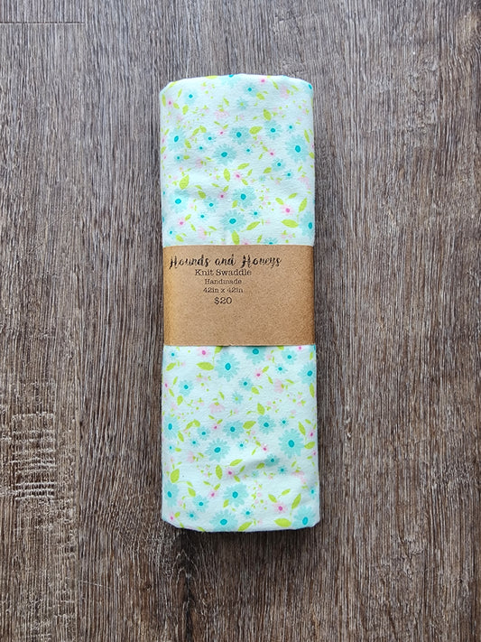 Blue Flowers Knit Swaddle Blanket