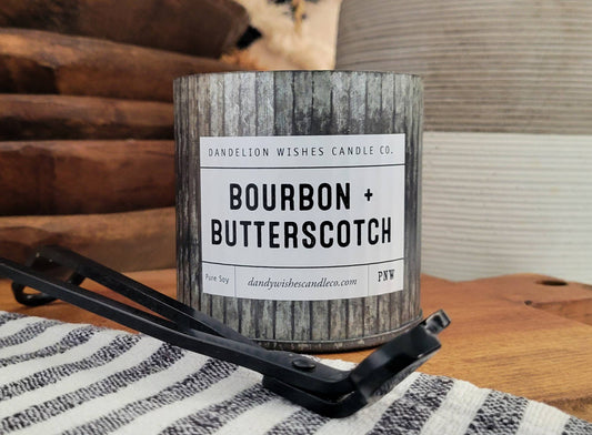 12 oz. Rustic Galvanized Tin Candle: Bourbon + Butterscotch - Mellow bourbon with rich butterscotch and vanilla.