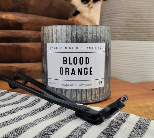 12 oz. Rustic Galvanized Tin Candle: Blood Orange - Bold and zesty orange with spicy cloves.