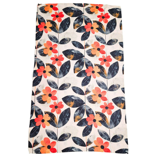 Distressed Flower Waffle Kitchen Towel With Hanging Loop