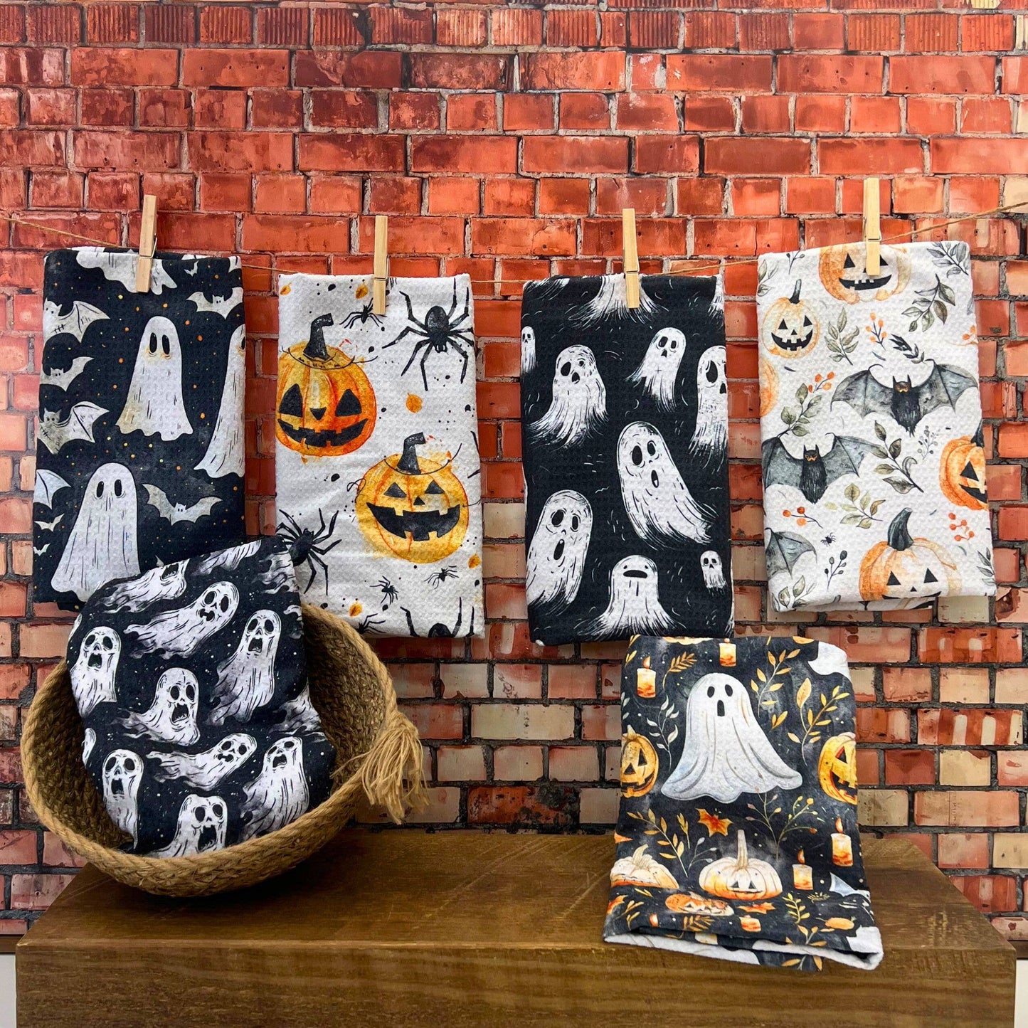 Scary Fall Pumpkins With Ghosts Halloween Waffle Tea Towels