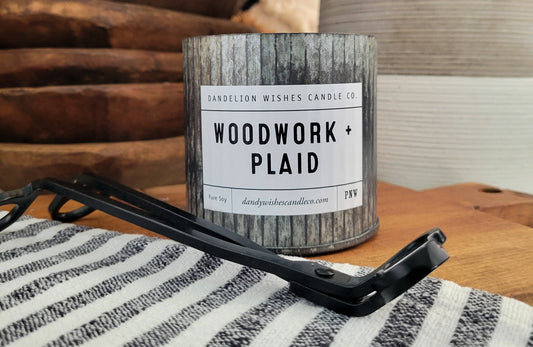 12 oz. Rustic Galvanized Tin Candle: Woodwork + Plaid - Our top seller! Masculine and clean at the same time - Fraser fir and clean lemon round this out.
