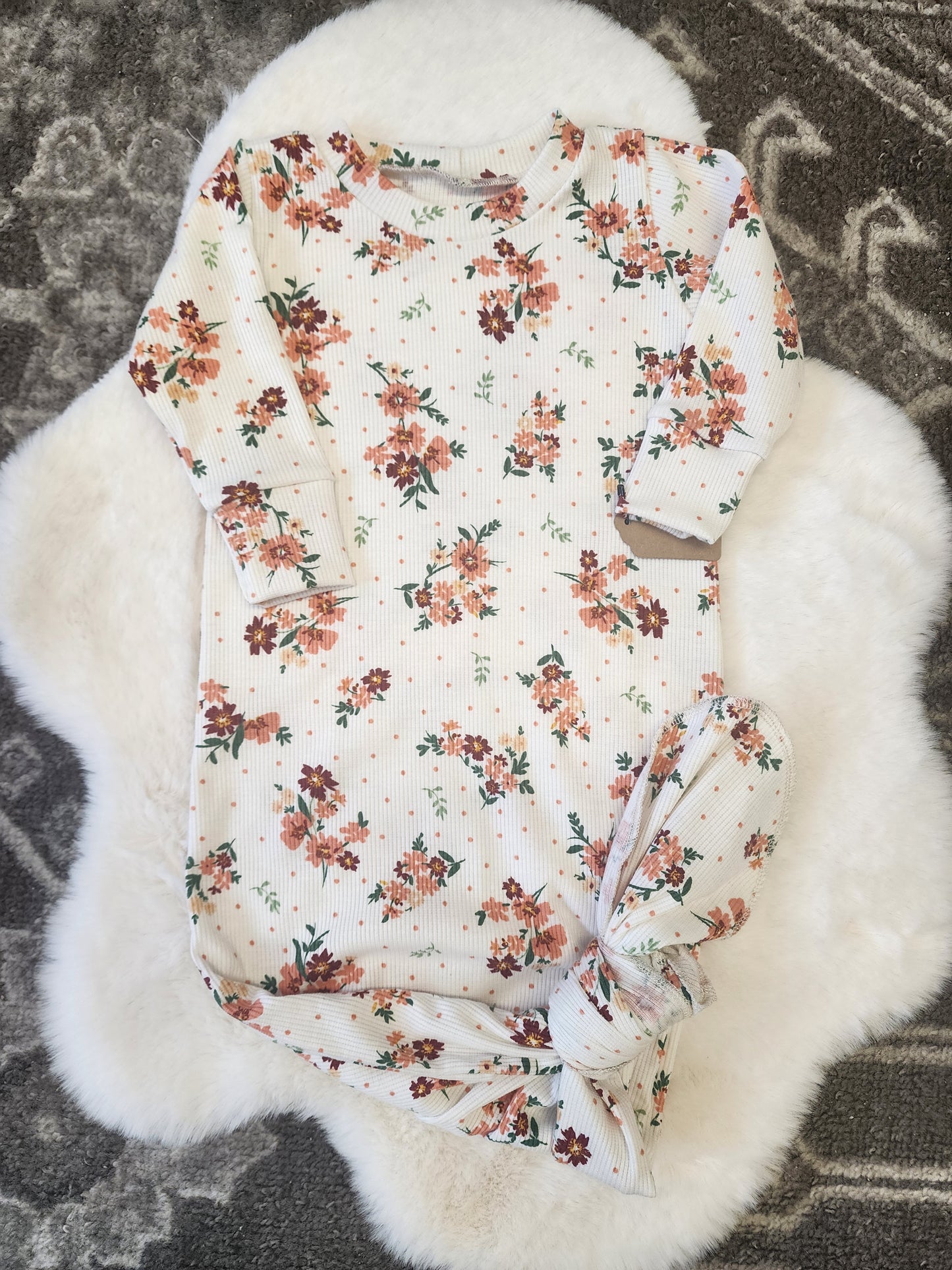 Cream Flower Ribbed Knit Gown