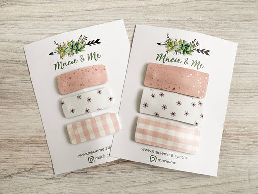 Pink, Floral, Gingham Snap Clip Set: 1” wide