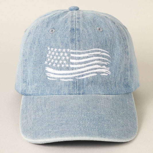 USA Flag Embroidered Denim Cotton Baseball Cap: ONE SIZE / LT BLUE