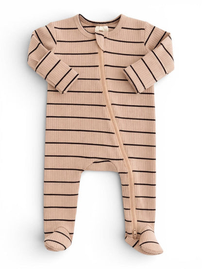 Tan/Black Stripe / Ribbed 2-Way Zip Footie