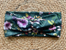 Load image into Gallery viewer, Dark Green + Purple Floral Knit Twist Headband
