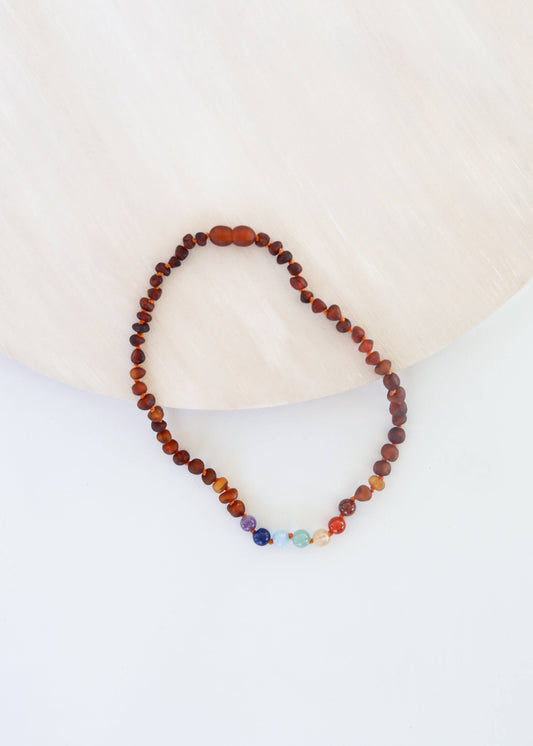 Raw Cognac Amber + CHAKRA Crystals || Necklace