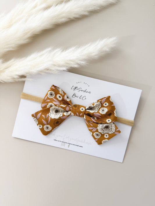 Gold & Lavender Flowers Fall Pinwheel Hair Bow: Nylon Headband