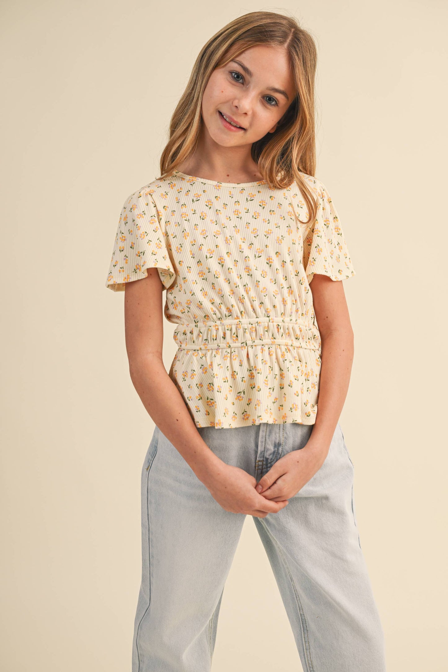 TWEEN KIDS GIRLS ROUND NECK FLUTTER SLV PEPLUM TOP