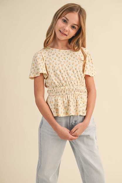 TWEEN KIDS GIRLS ROUND NECK FLUTTER SLV PEPLUM TOP