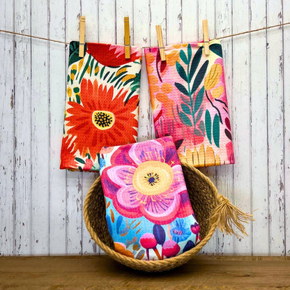 Pink Summer Bloom Kitchen Waffle Towels - Home Decor