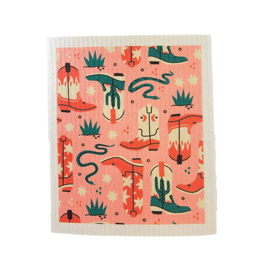 Western Boot Coral Patterned Swedish Dish Cloths