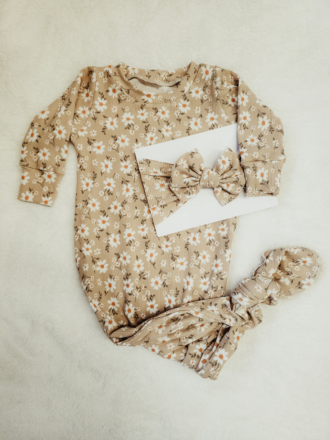Flower Ribbed Knit Handmade Knotted Baby Gown