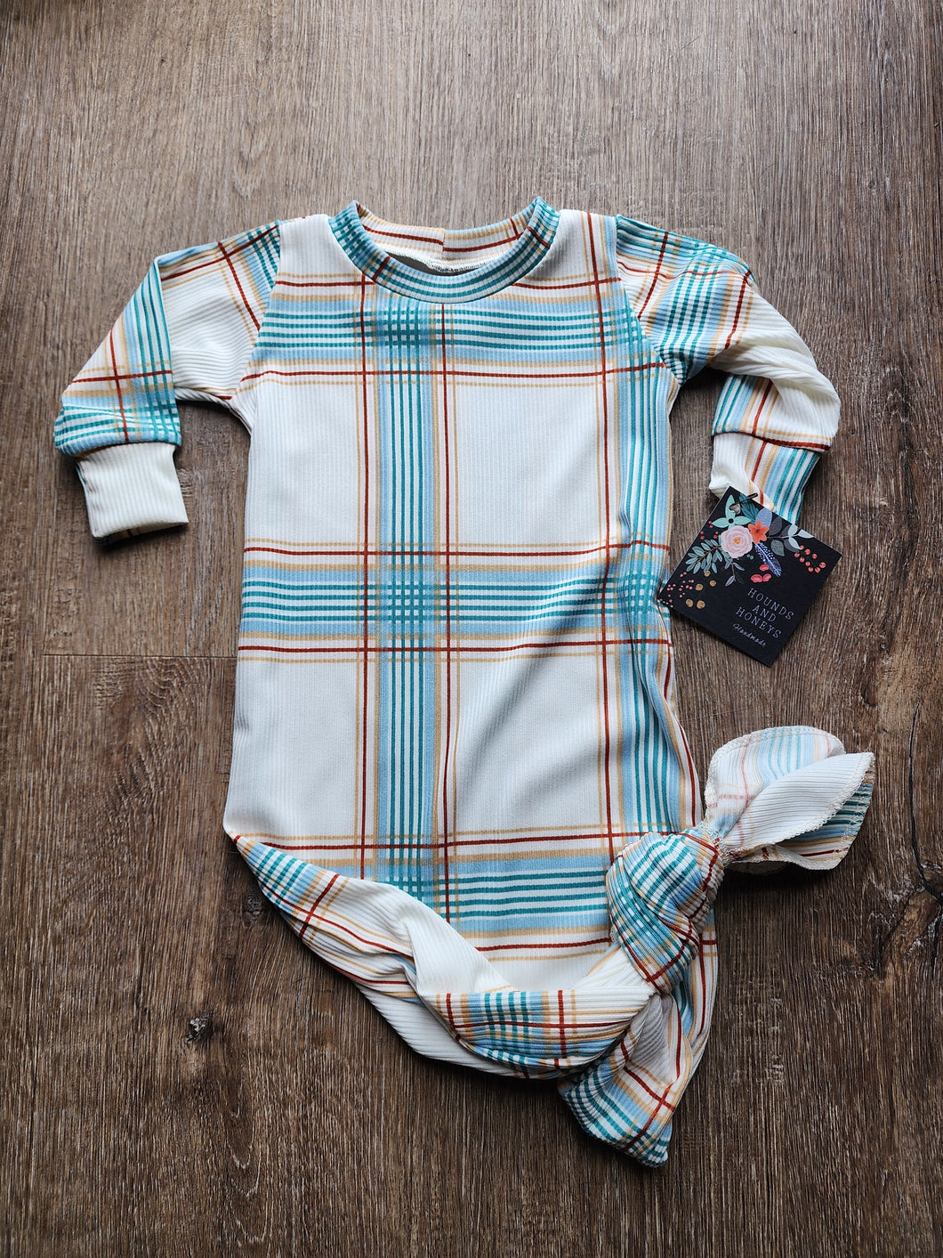 Plaid Ribbed Knit Handmade Knotted Baby Gown