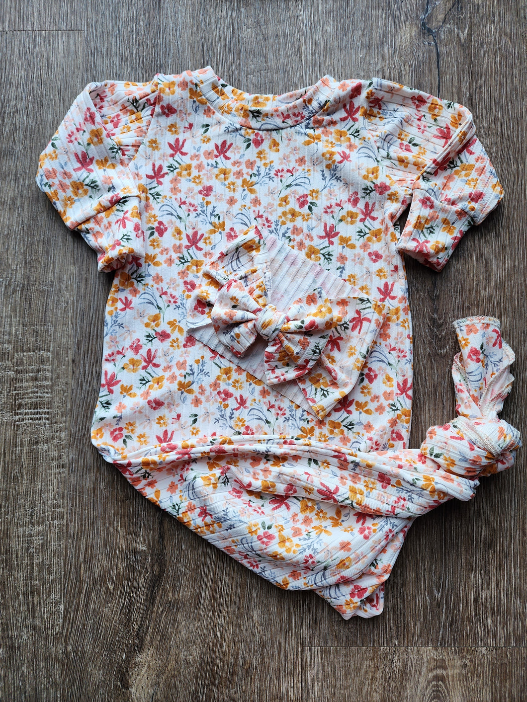 Multi-color Floral Ribbed Handmade Knotted Baby Gown