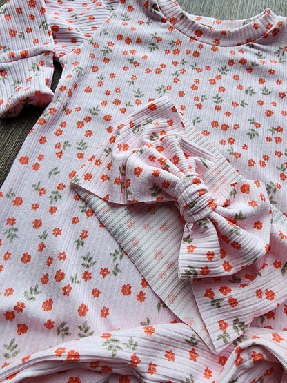 Pink Floral Ribbed Handmade Knotted Baby Gown