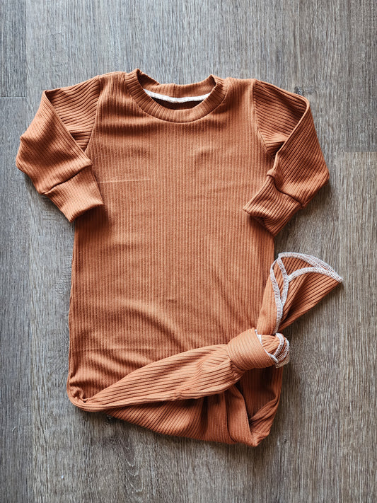 Rust Ribbed Knit Handmade Knotted Baby Gown