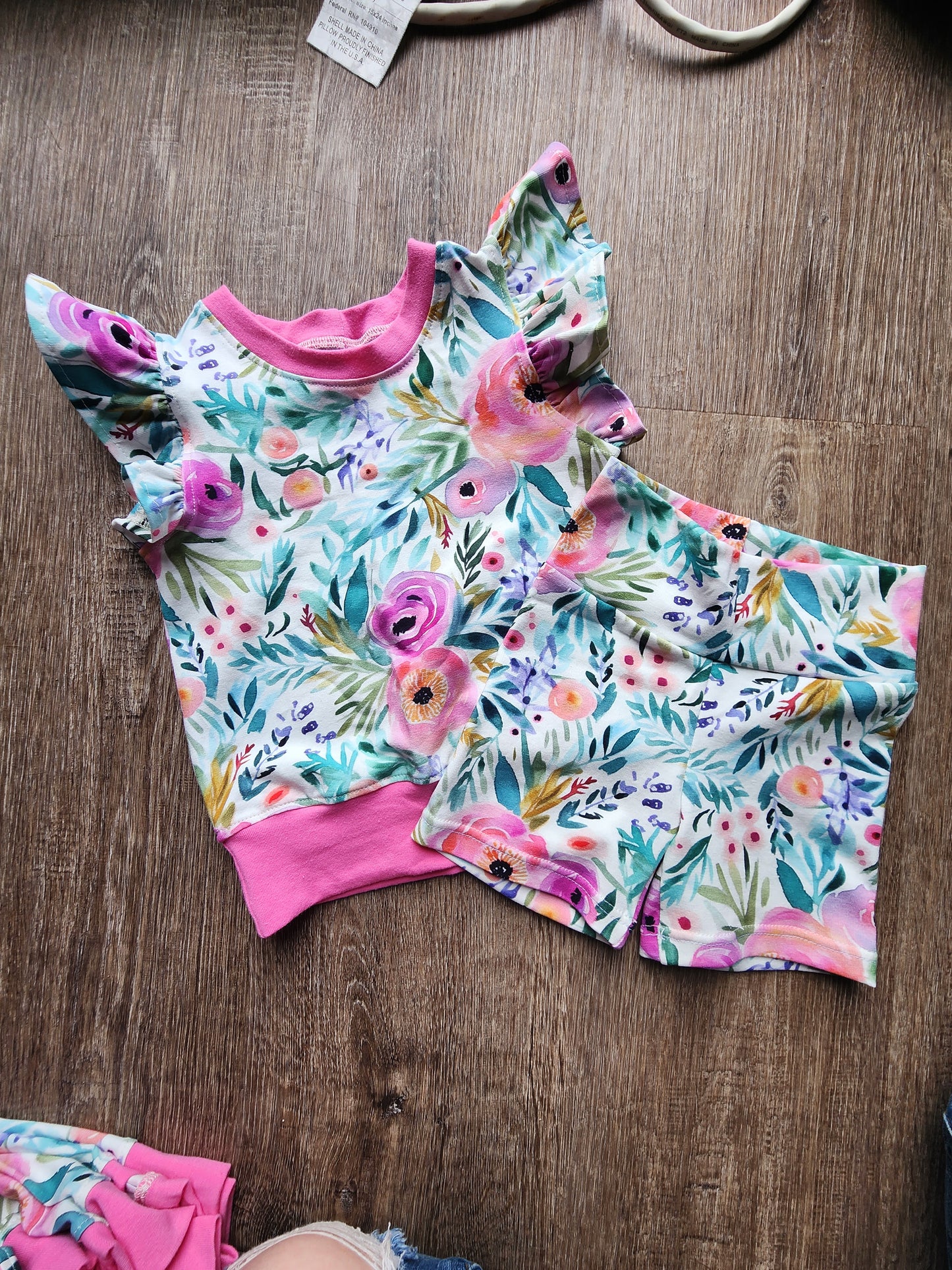 Pink Floral Flutter Sleeve Tee and Shorts Set