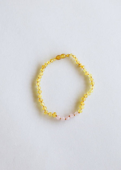 Raw Honey Baltic Amber + Rose Quartz || Necklace 12 inch