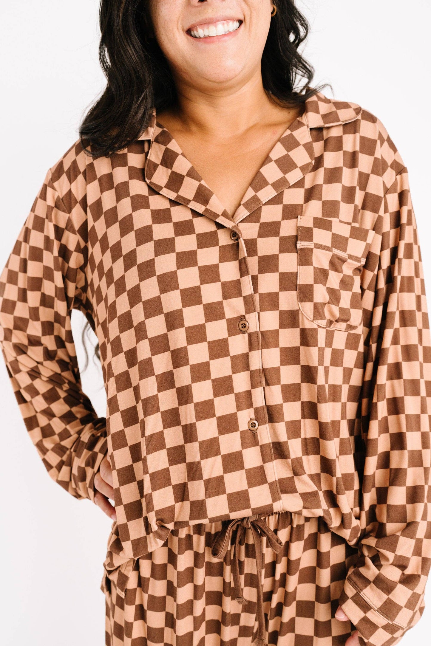 Espresso Checkered Women's Button Up Long Sleeve Set