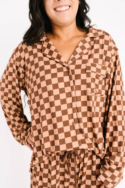 Espresso Checkered Women's Button Up Long Sleeve Set