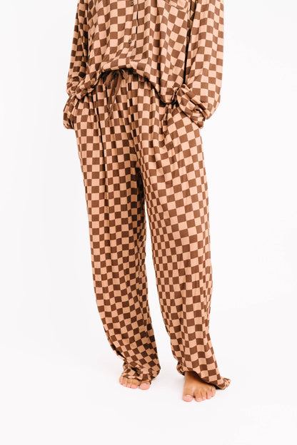 Espresso Checkered Women's Button Up Long Sleeve Set