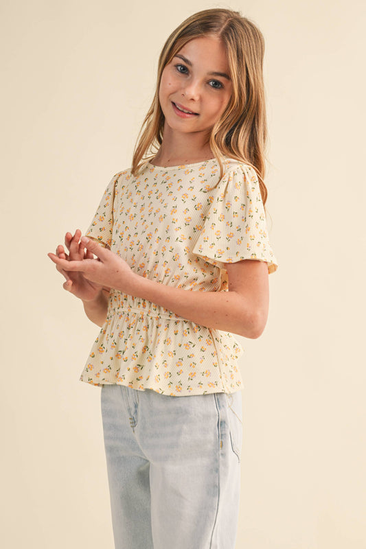 TWEEN KIDS GIRLS ROUND NECK FLUTTER SLV PEPLUM TOP