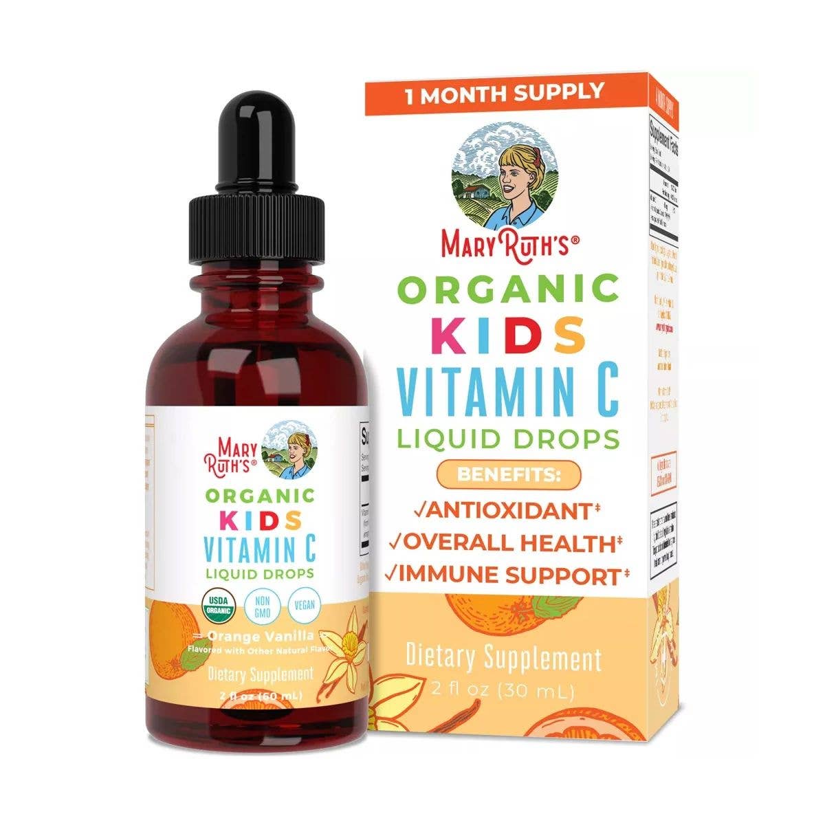 Vegan Organic Kids Vitamin C Drops, Orange Vanilla, Non-GMO