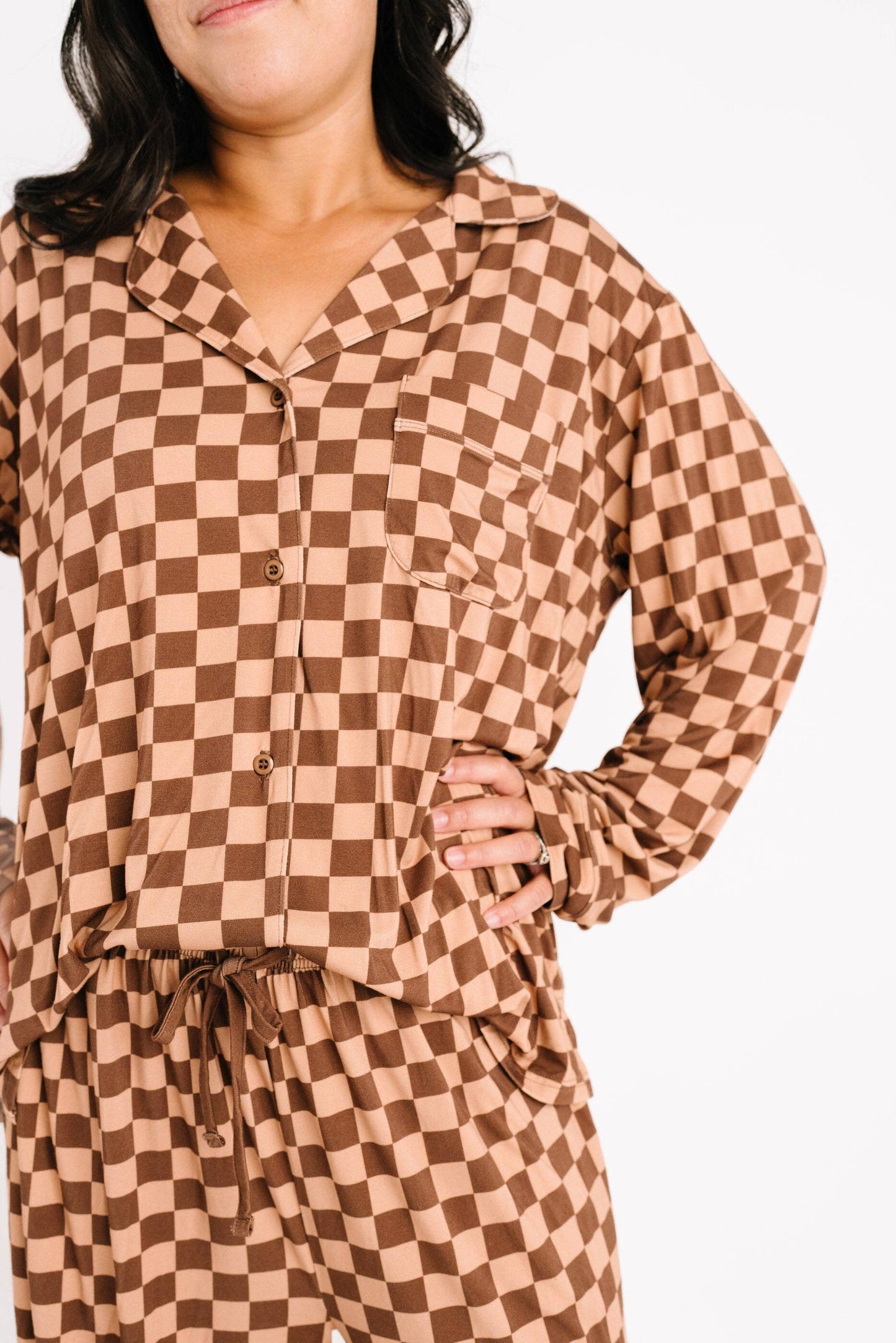 Espresso Checkered Women's Button Up Long Sleeve Set