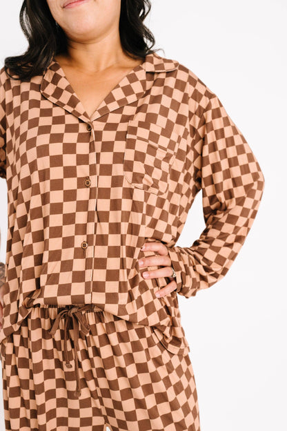 Espresso Checkered Women's Button Up Long Sleeve Set