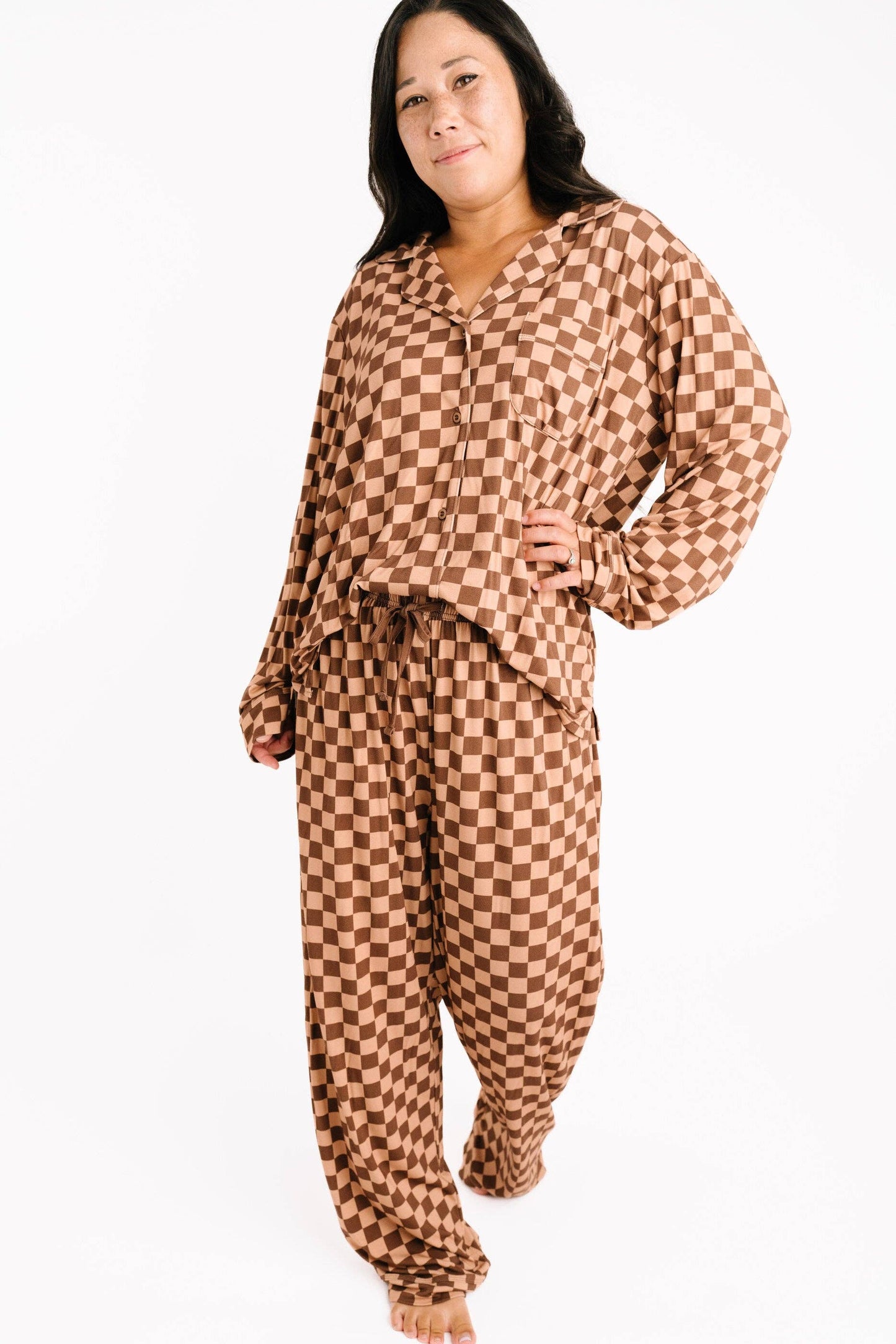 Espresso Checkered Women's Button Up Long Sleeve Set