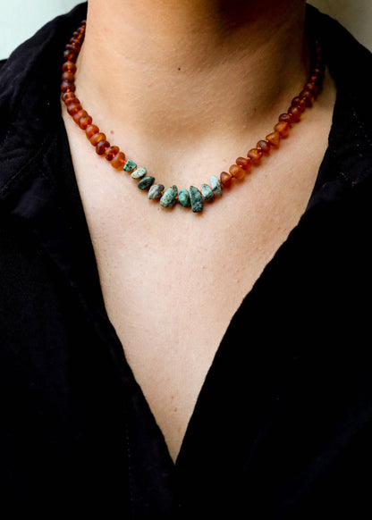 Raw Cognac Baltic Amber + Raw Turquoise Jasper || Necklace: