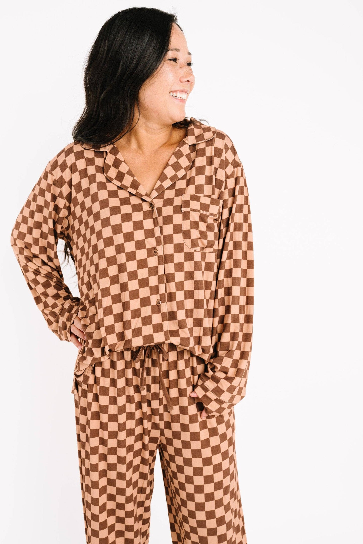 Espresso Checkered Women's Button Up Long Sleeve Set