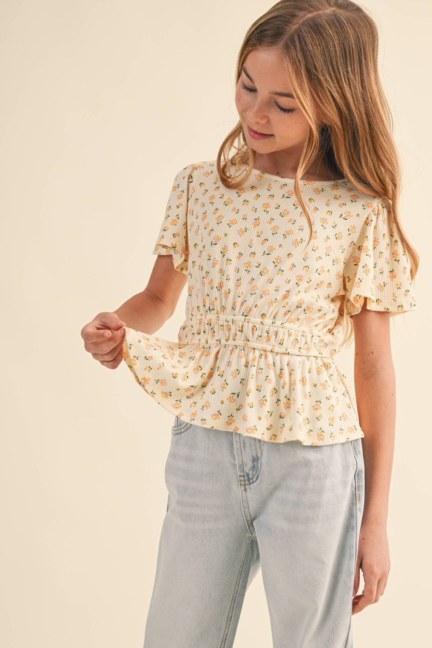 TWEEN KIDS GIRLS ROUND NECK FLUTTER SLV PEPLUM TOP