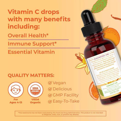 Vegan Organic Kids Vitamin C Drops, Orange Vanilla, Non-GMO