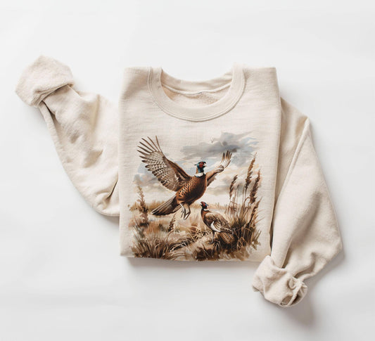 Retro Pheasant Bird Wilderness Scene Sweatshirt, Bird Shirt- sand color
