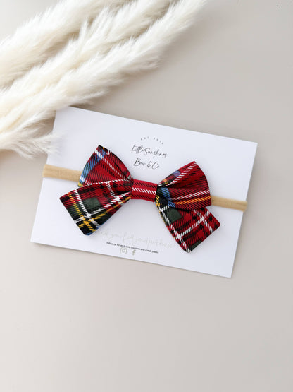 Red Plaid Christmas Pinwheel Hair Bow: Nylon Headband
