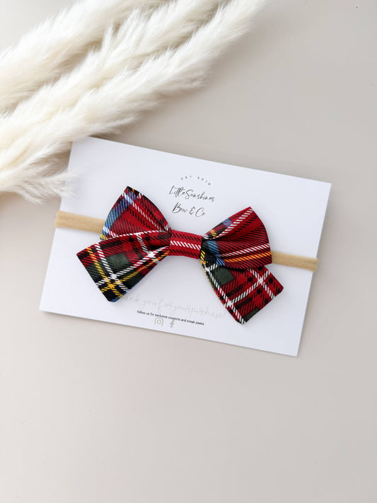 Red Plaid Christmas Pinwheel Hair Bow: Nylon Headband