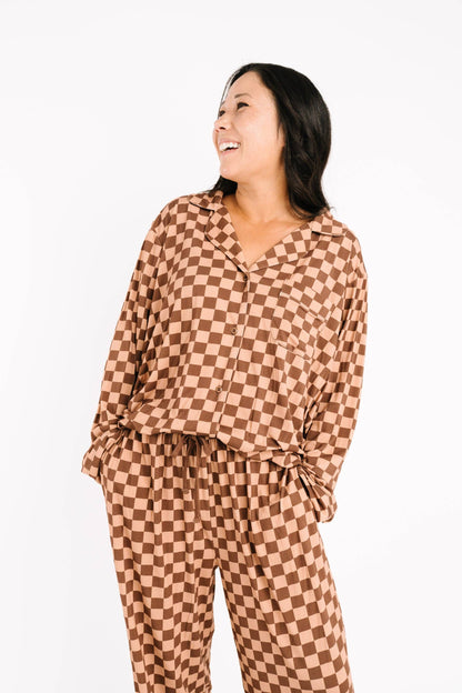 Espresso Checkered Women's Button Up Long Sleeve Set