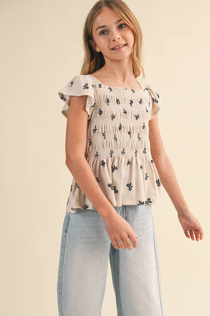 TWEEN KIDS GIRLS FLUTTER SLEEVE SMOCKED TOP