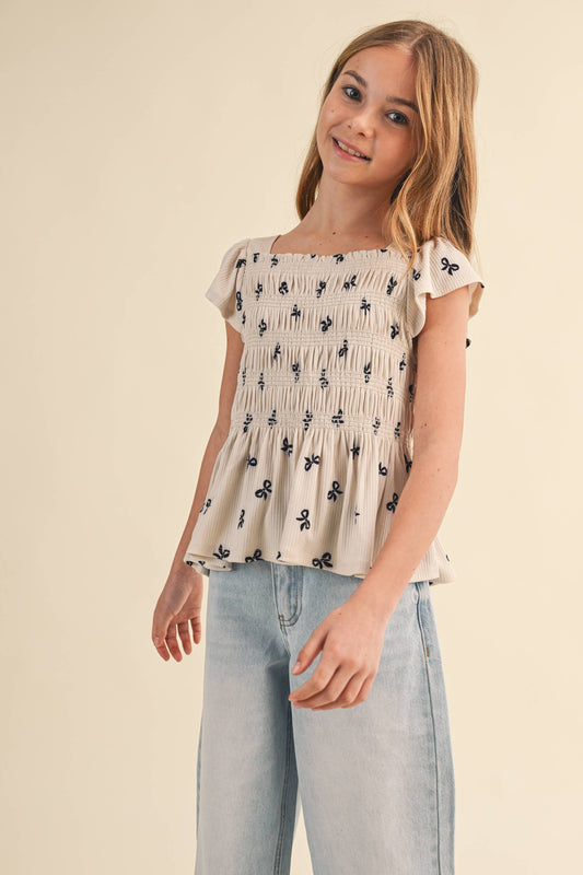 TWEEN KIDS GIRLS FLUTTER SLEEVE SMOCKED TOP