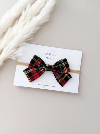Red & Green Plaid Christmas Pinwheel Hair Bow: Nylon Headband