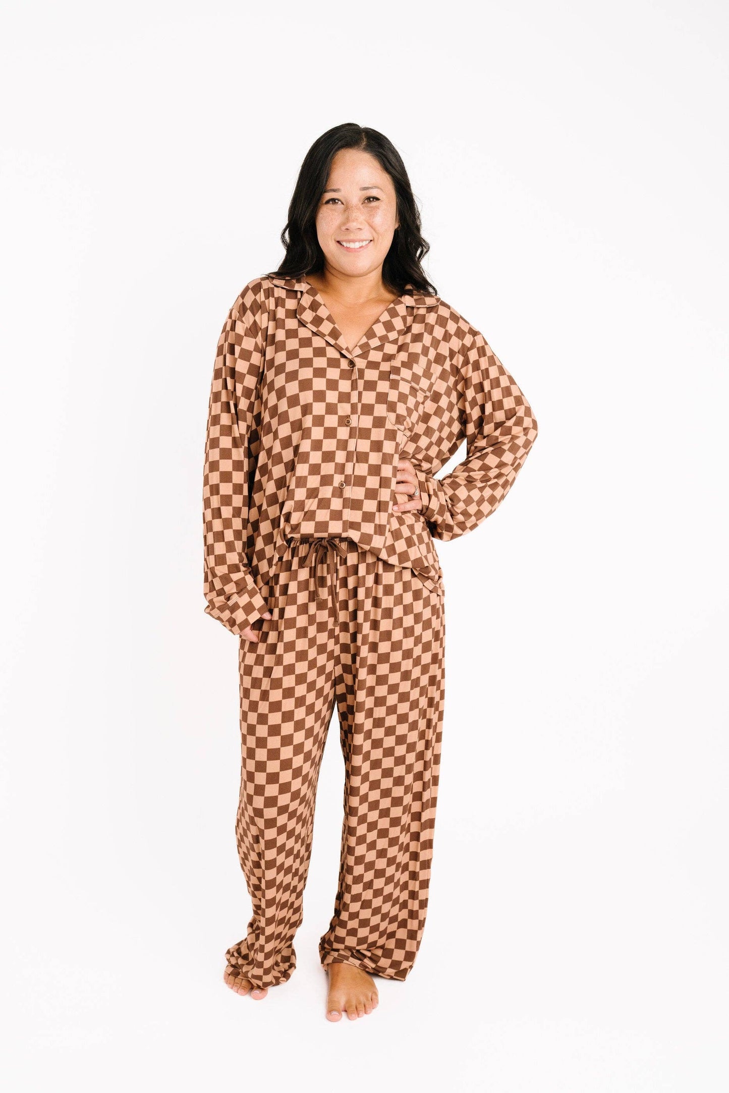 Espresso Checkered Women's Button Up Long Sleeve Set