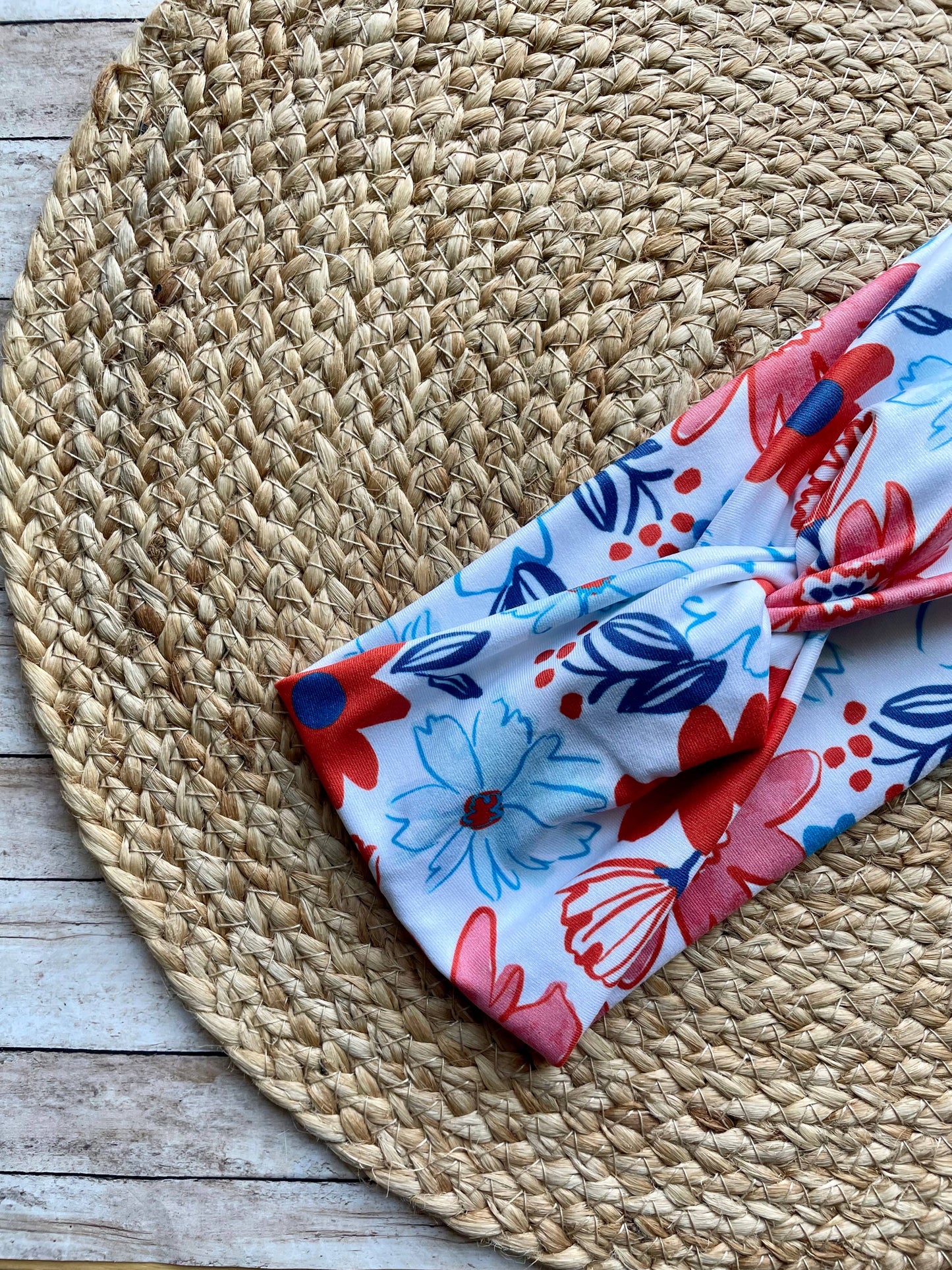 Red White Blue Floral Knit Twist Headband