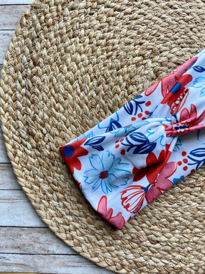 Red White Blue Floral Knit Twist Headband