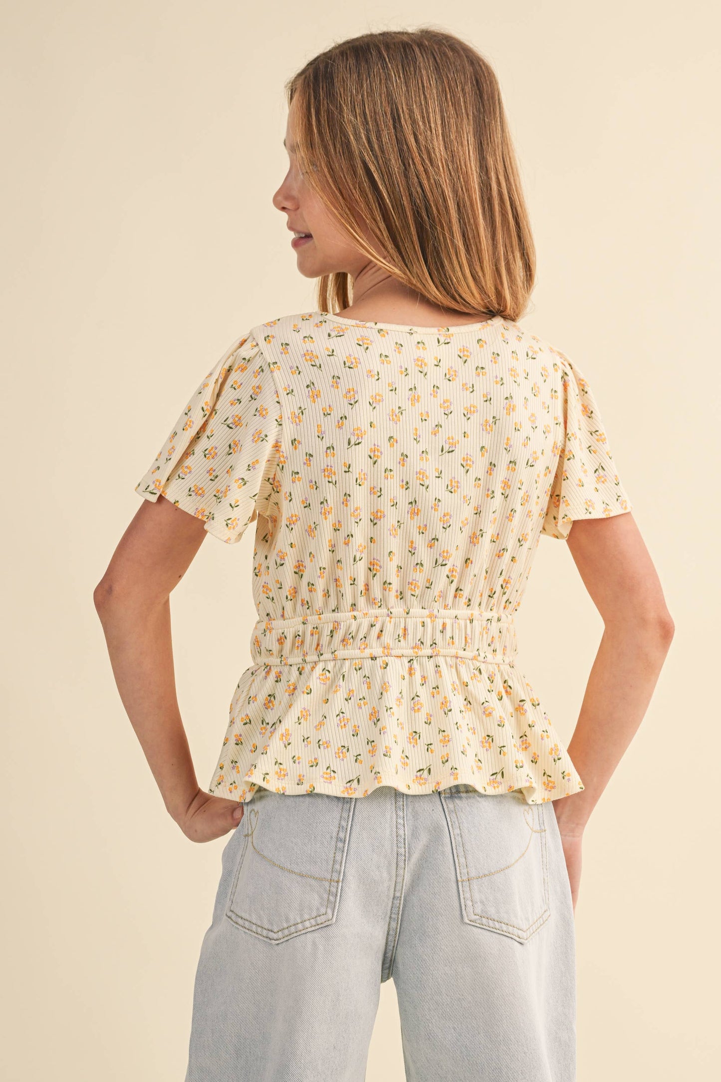 TWEEN KIDS GIRLS ROUND NECK FLUTTER SLV PEPLUM TOP