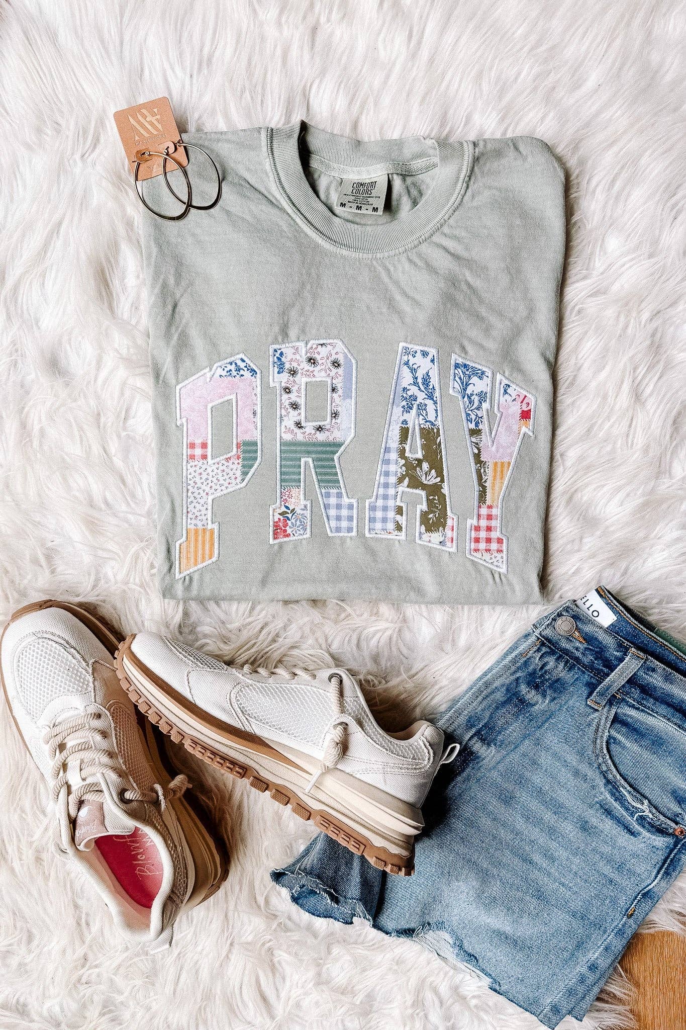 PRAY Patchwork Appliqué Graphic - Bay T Shirt