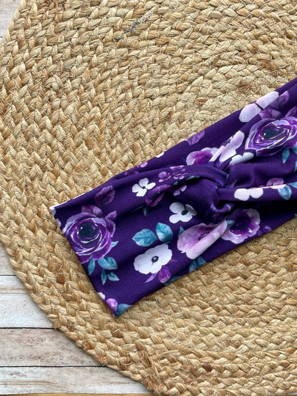 Royal Purple Floral Knit Twist Headband